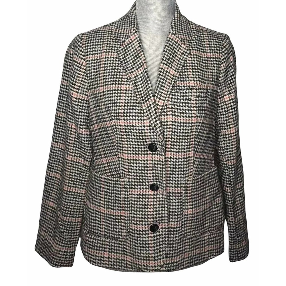 Womens LL Bean Bellandi Black Houndstooth Print Lined Italian Wool Blazer PS